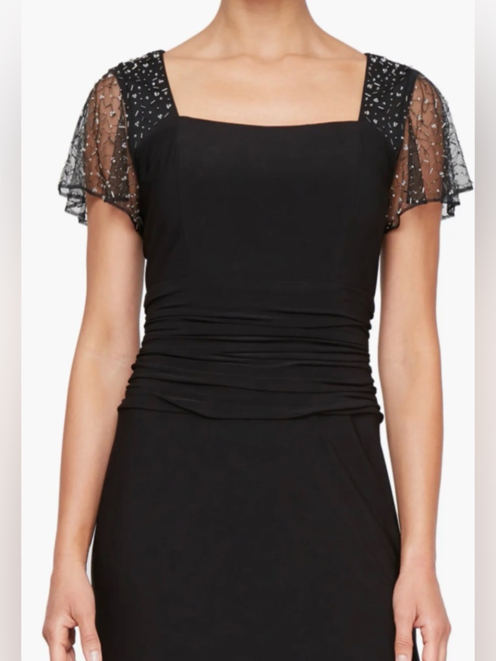 SL Fashion Ruched Beaded Flutter Sleeve Column Black Maxi Dress NWOT Size 10P - Picture 3 of 11